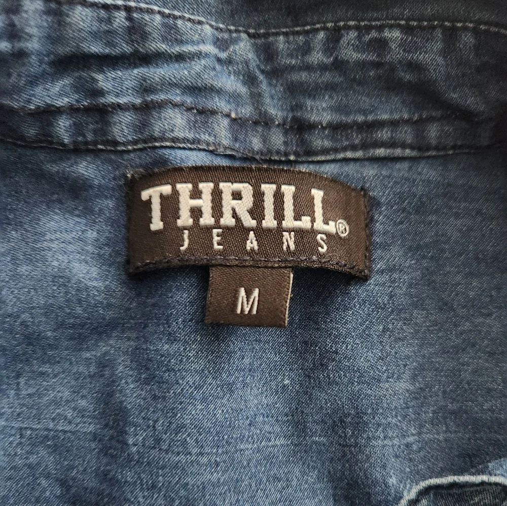 Thrill Jeans Sleeveless Denim Distressed Collared Top Shirt Blouse High Low Sz M - Picture 9 of 14